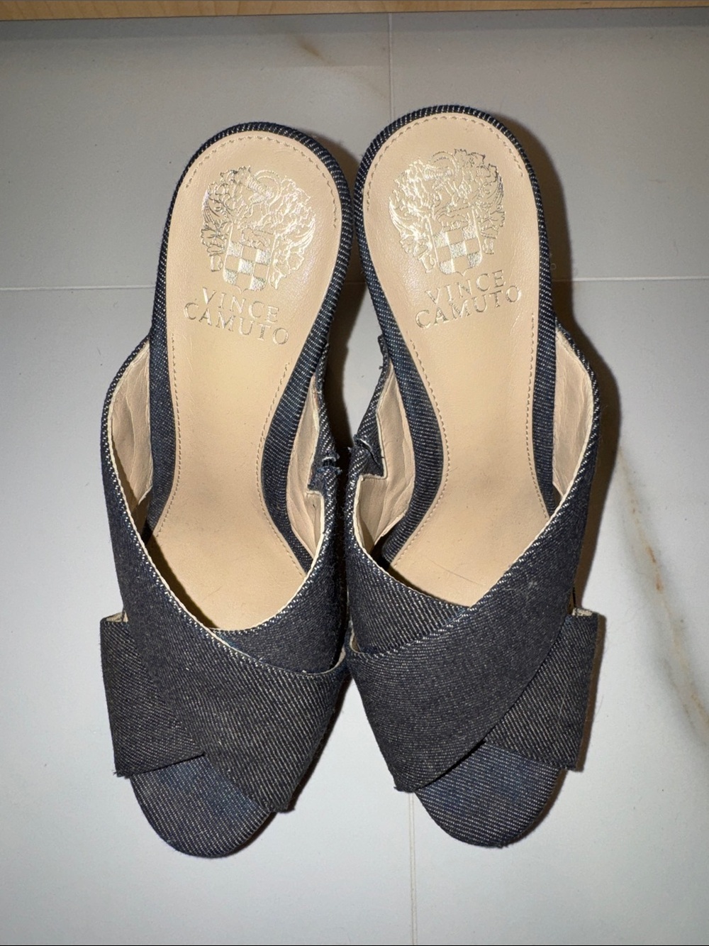 Vince Camuto Dark Blue Denim Crisscross Platform Mules - Picture 2 of 6